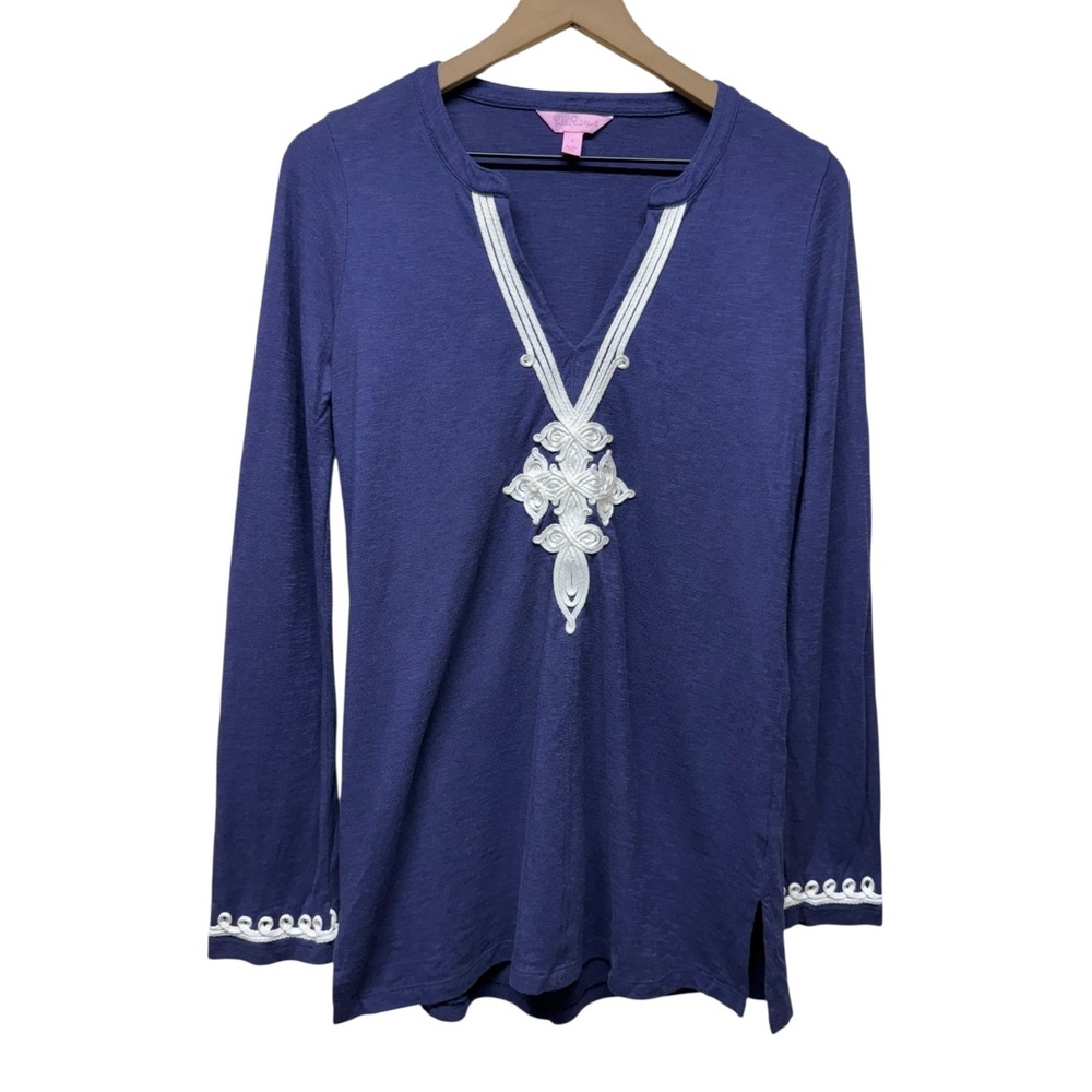 Lilly Pulitzer Thea Tunic Top Sz S Blue White Embroidered Long Sleeve Resort‎